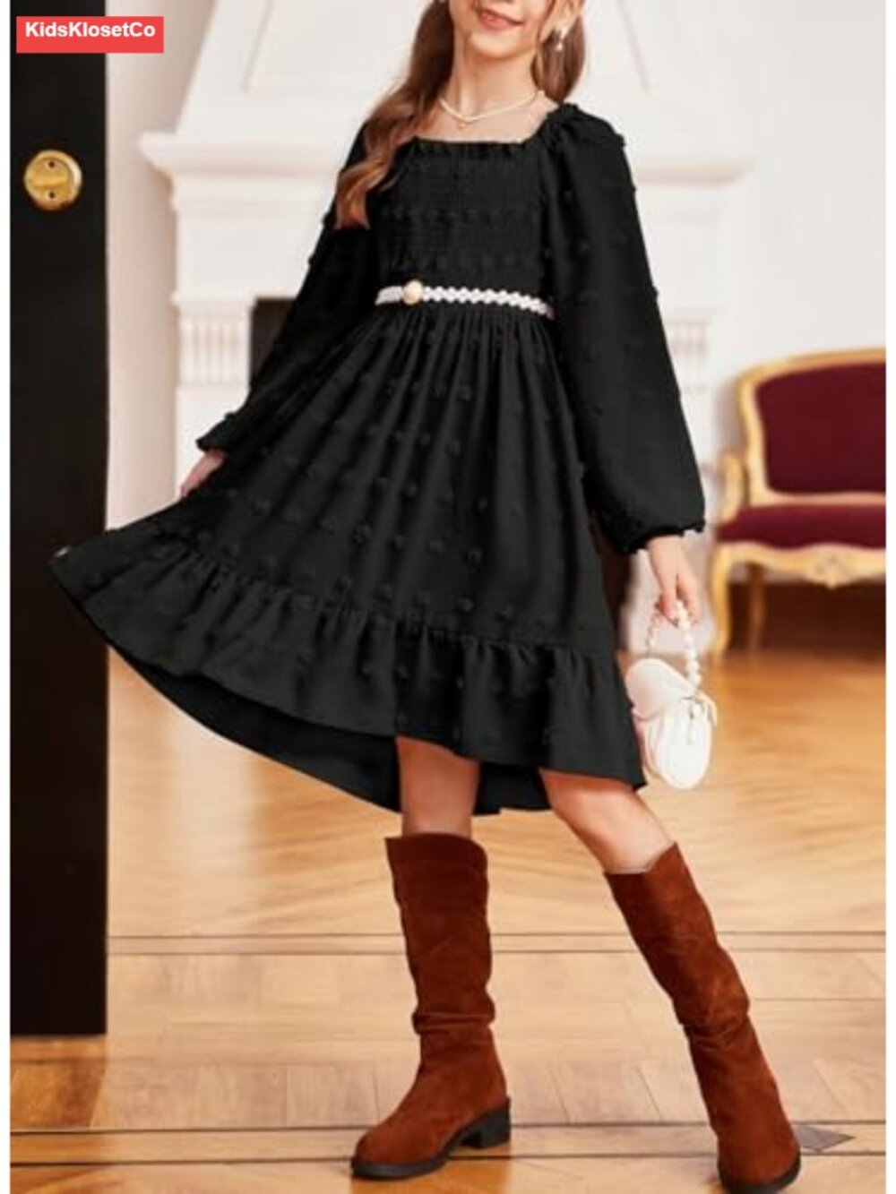 Girls Vintage Polka Dot Chiffon Dress Long Sleeve Ruffled Square Neck Tiered - Picture 4 of 6